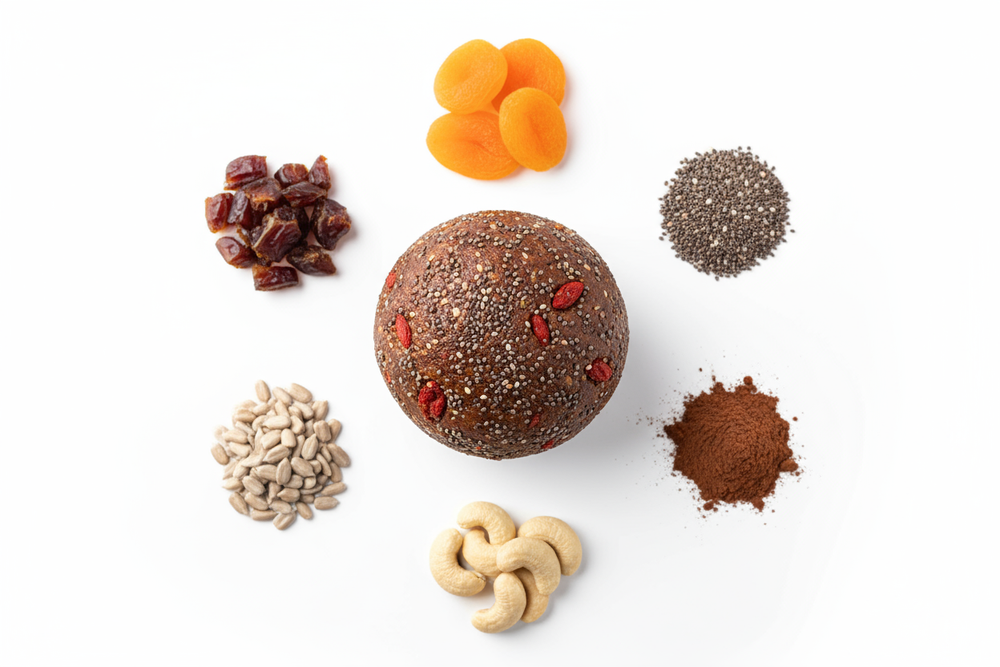 energy ball whole,  chia seeds and pieces of goji berries are visible in the structure of the energy ball. around in small heaps each once: dates, dried apricots, chia seeds, sunflower seeds, cashews, cacao powder, white background