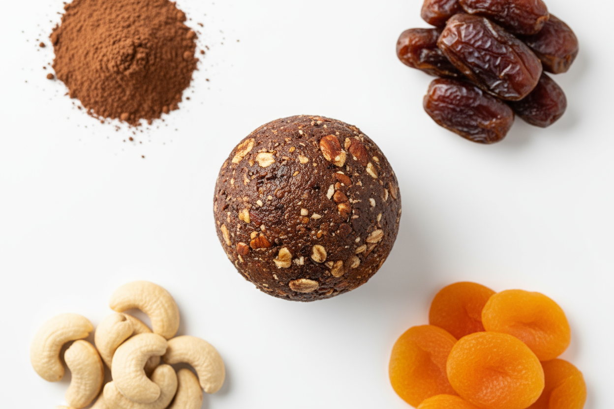 energy ball whole,  nut pieces are visible in the structure of the energy ball. around in small heaps,  each ingredient only once: dates, dried apricots,  cashews, cacao powder, on white background
