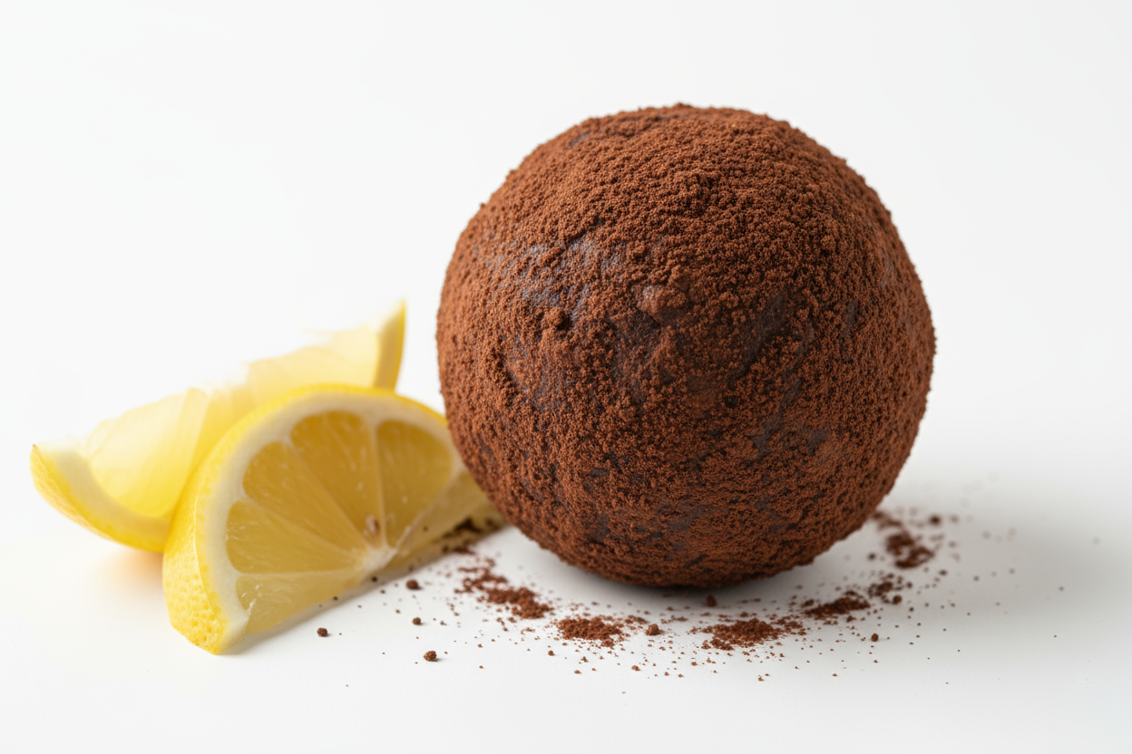 marzipan ball, covered with cacao powder, lemon slices next to it,, white background 
