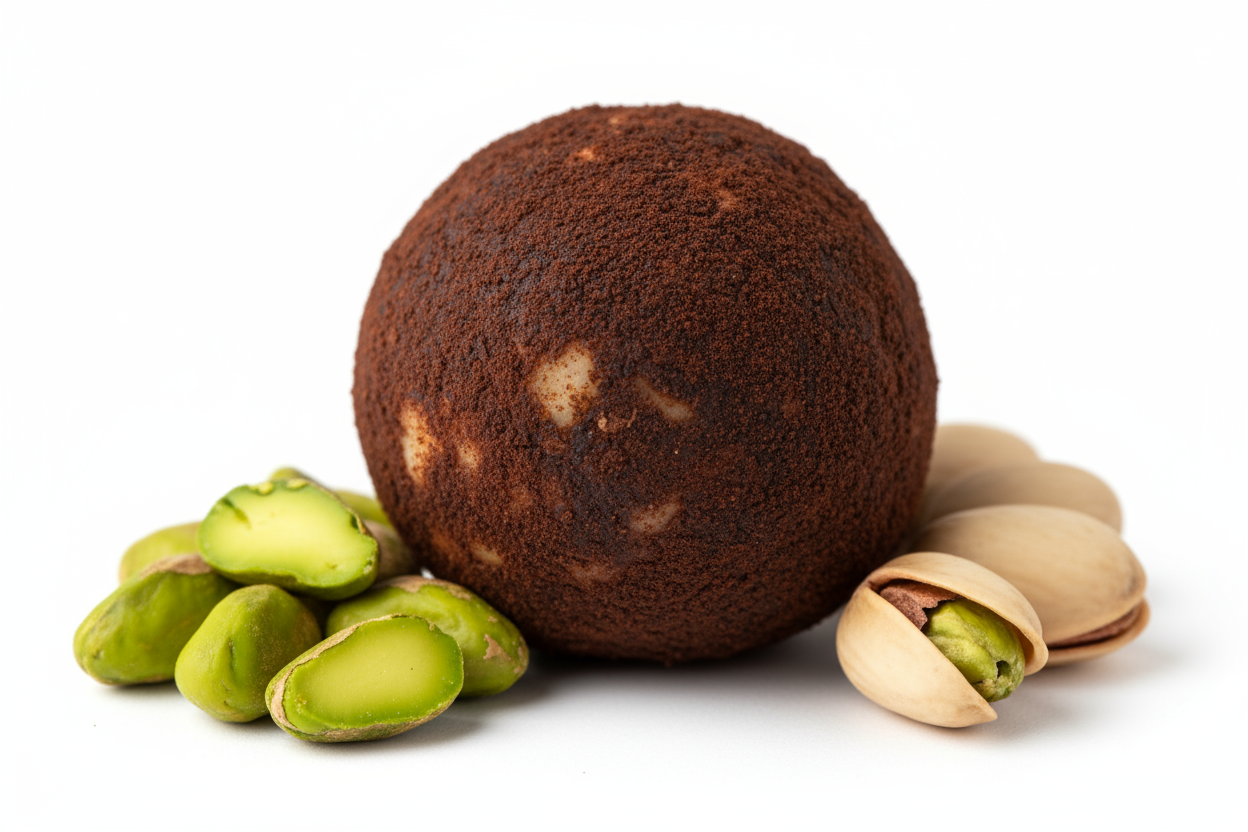 marzipan ball, covered with cacao powder, peeled and unpeeled pistachios next to it, white background 